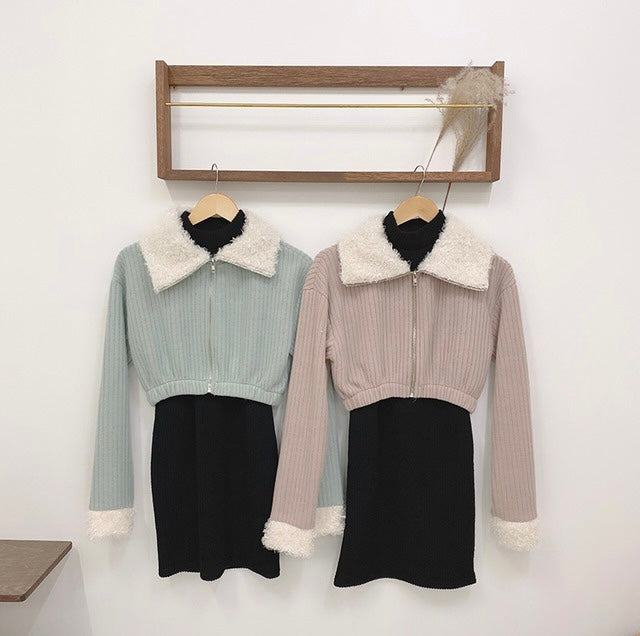 燈芯絨毛毛外套+背心裙 Set