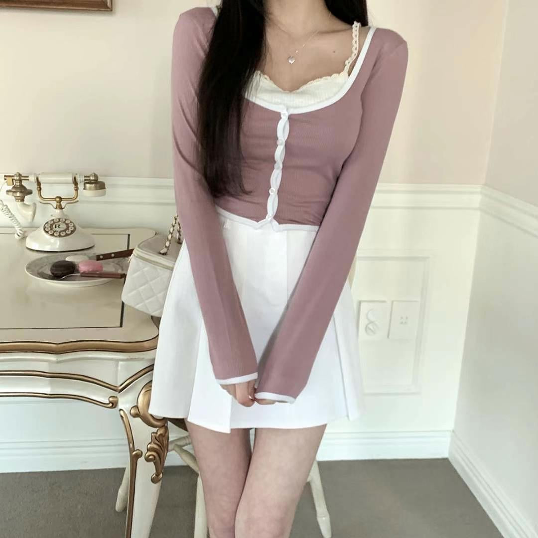 簡約拼色圓領鈕扣Top