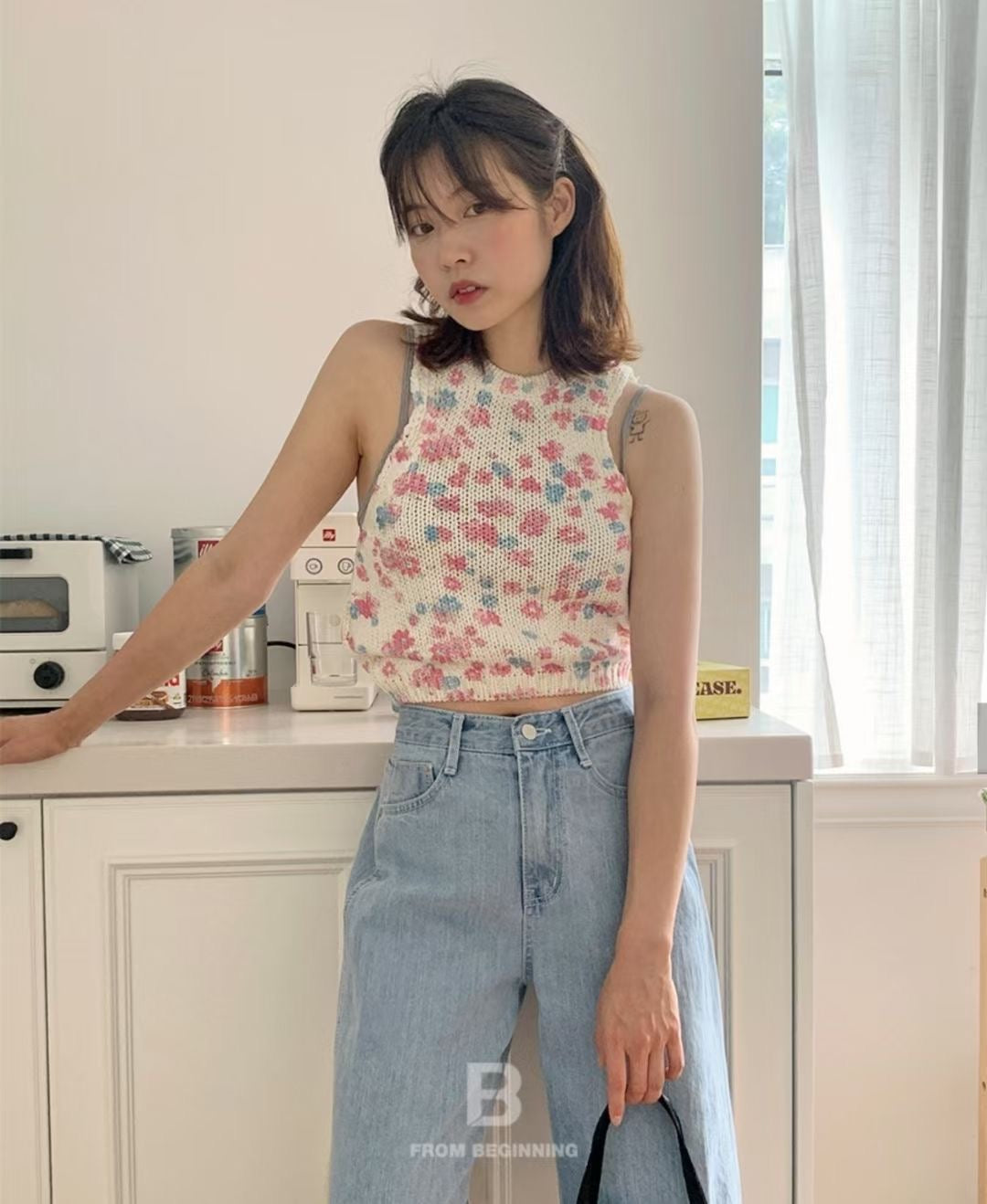 少女幼齡感可愛花花針織背心