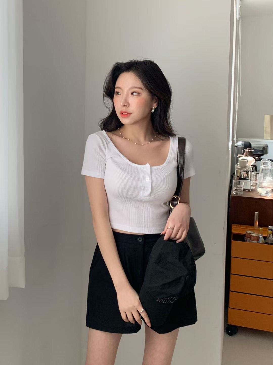 U領半鈕扣貼身Crop Top