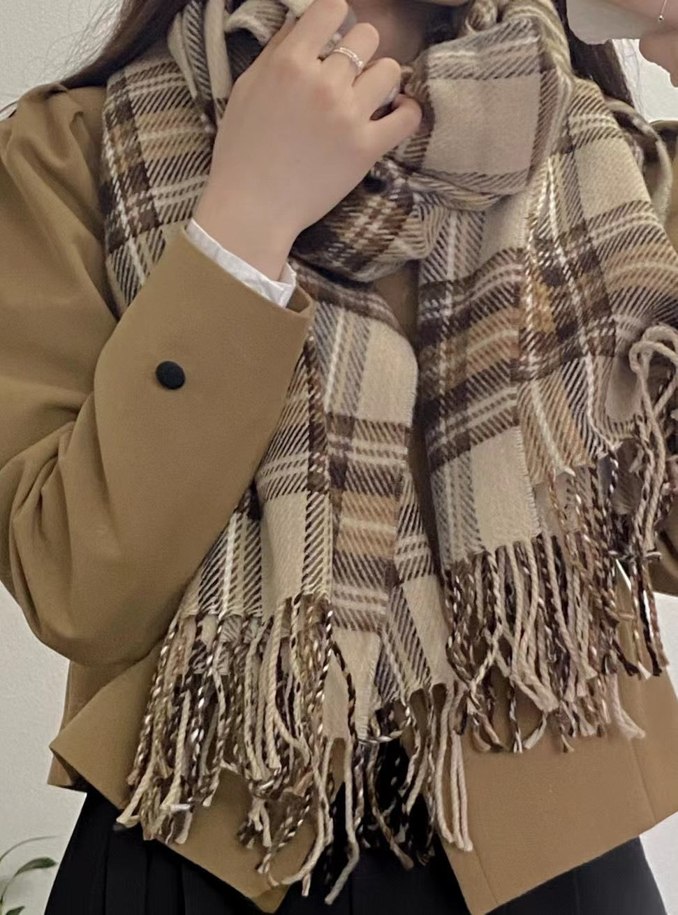 KR小清新拼色格紋頸巾