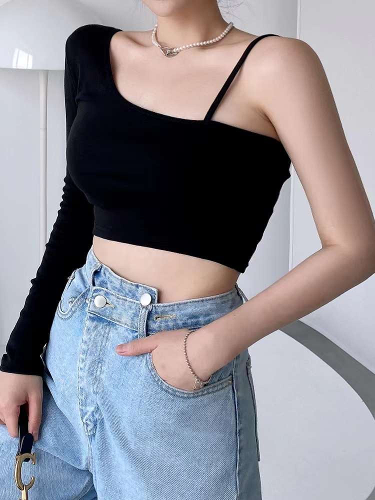 單肩長袖不對稱性感Top