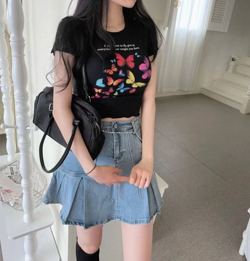 Colour Print Butterfly Crop Tee