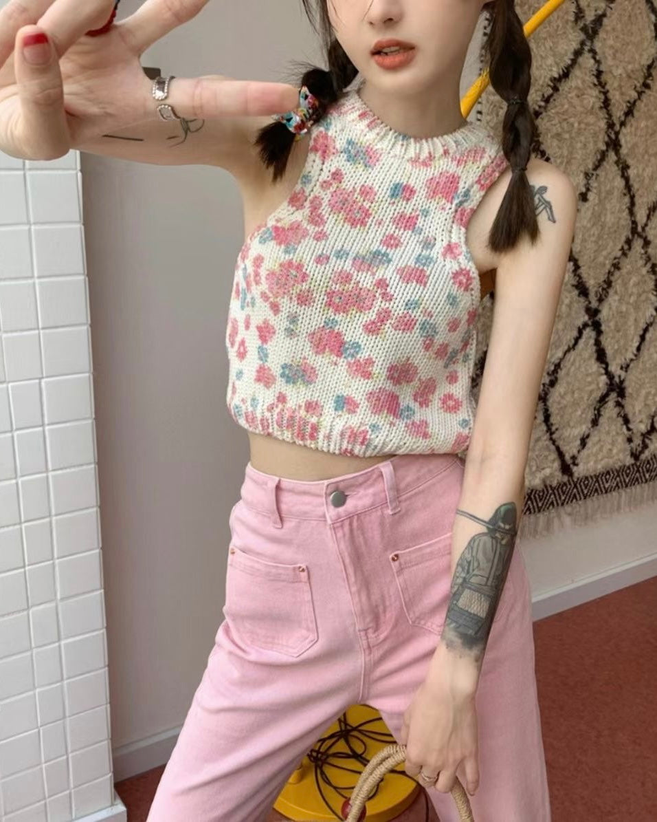 少女幼齡感可愛花花針織背心