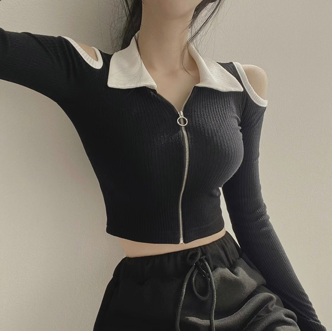 小性感露肩拉鍊貼身Crop Top