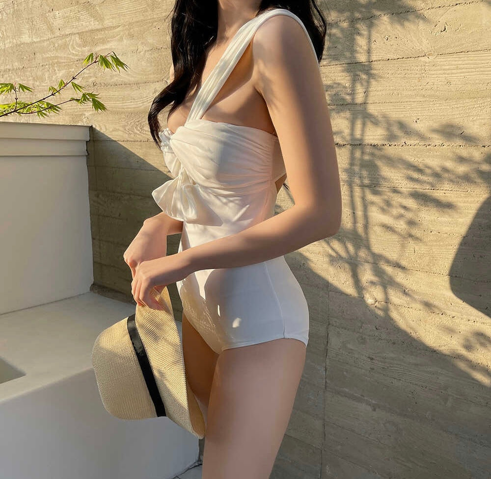 性感單肩蝴蝶結連身泳衣