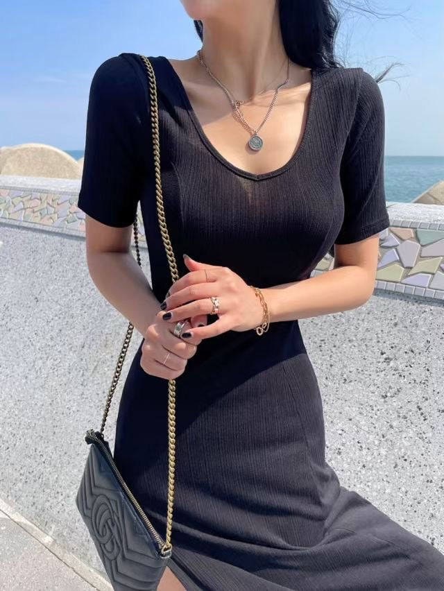 性感U領開衩長裙