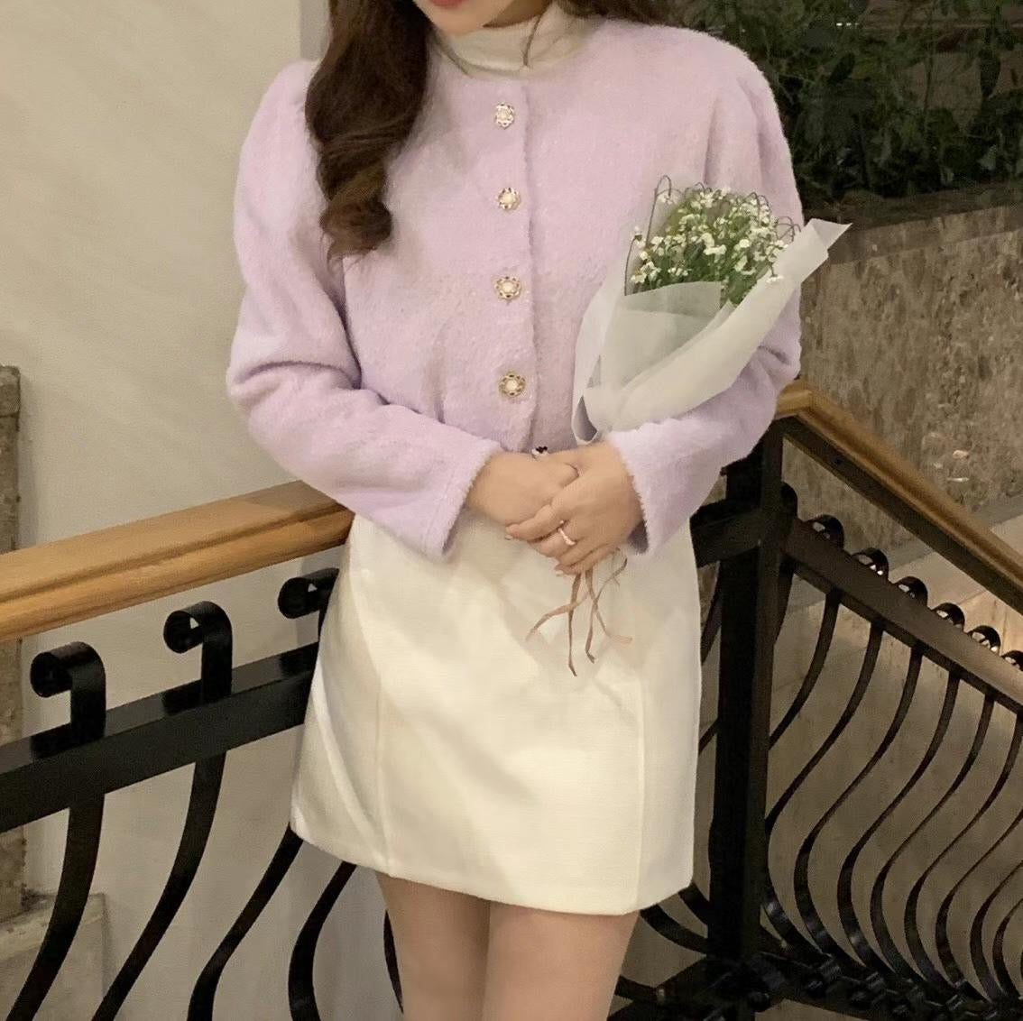 精緻花花鈕扣毛毛外套