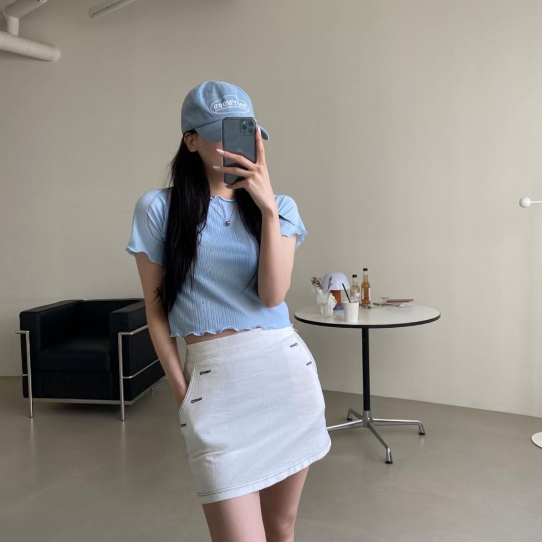 簡約純色木耳邊直紋Top