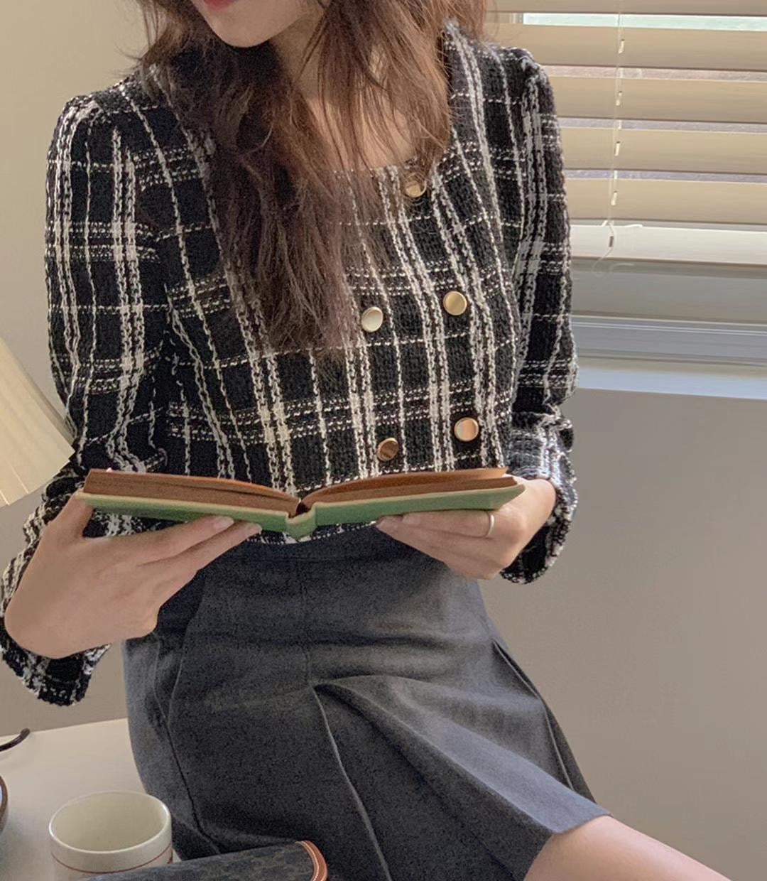 Tweed Checked Button Top