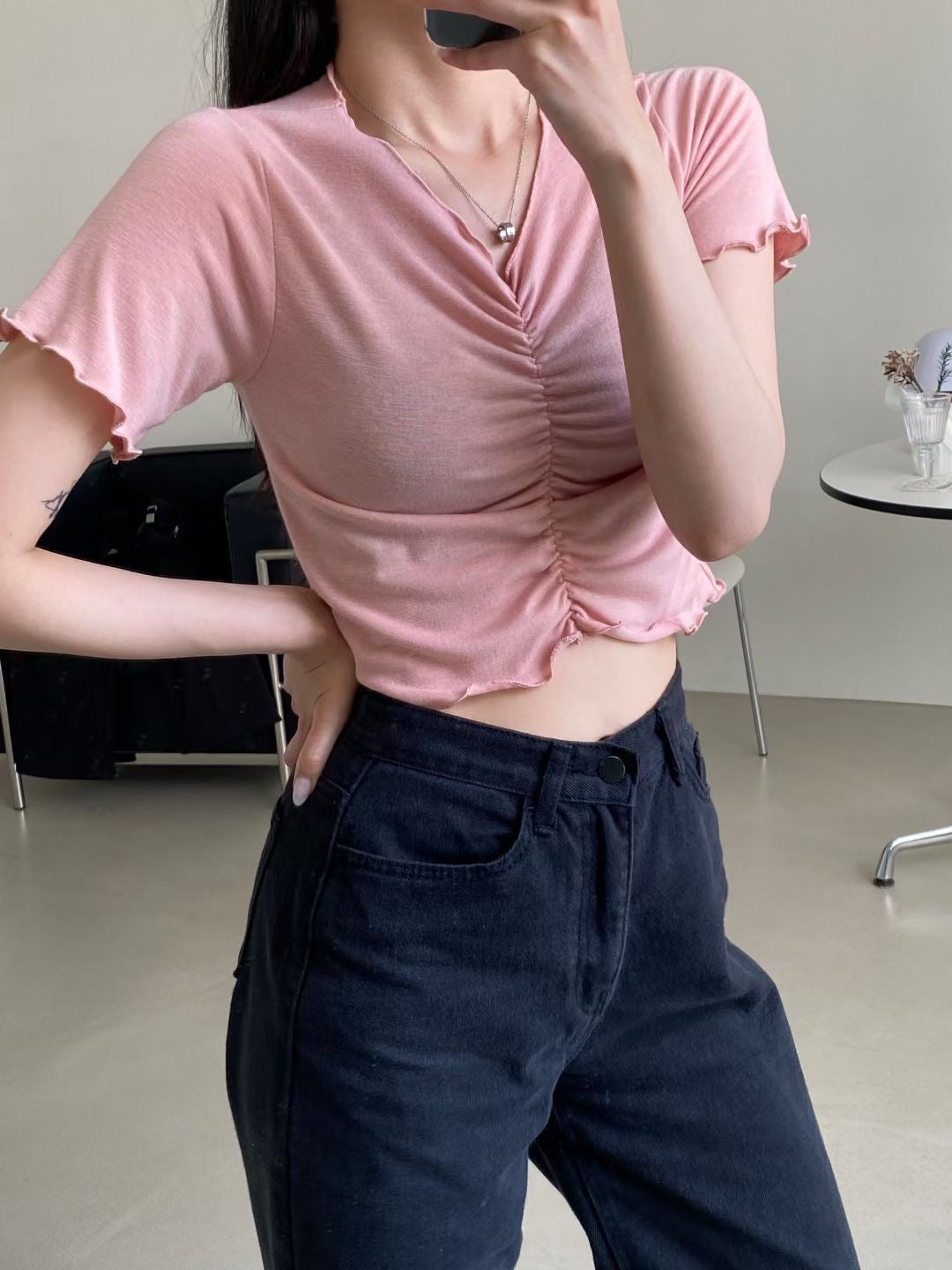 木耳邊抓胸皺摺Crop Top