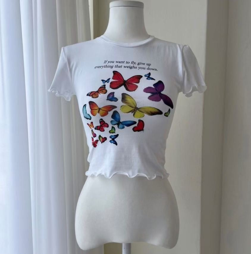 Colour Print Butterfly Crop Tee