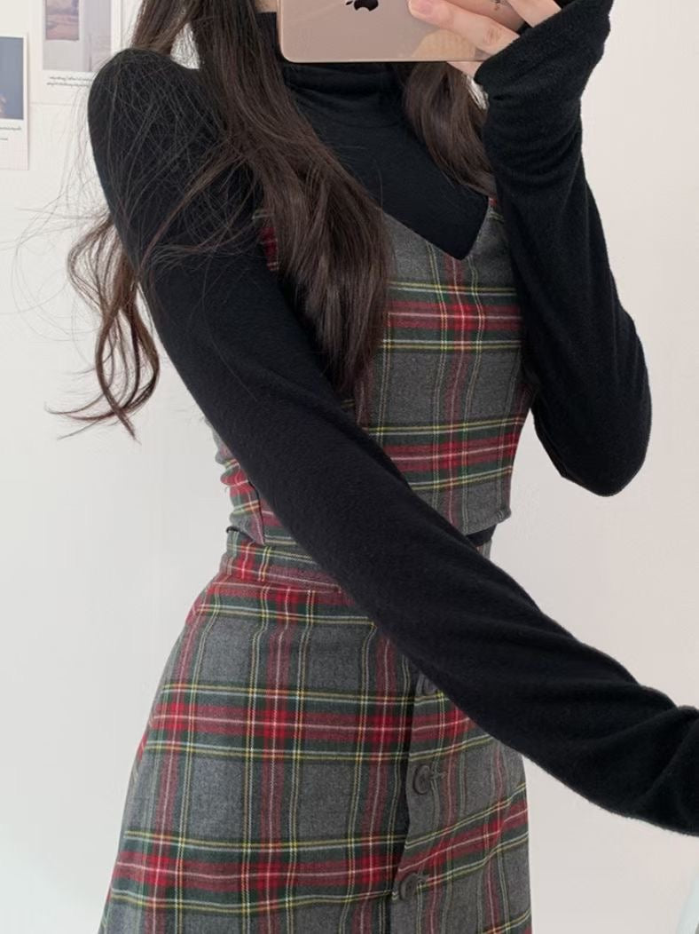 吊帶格紋Set