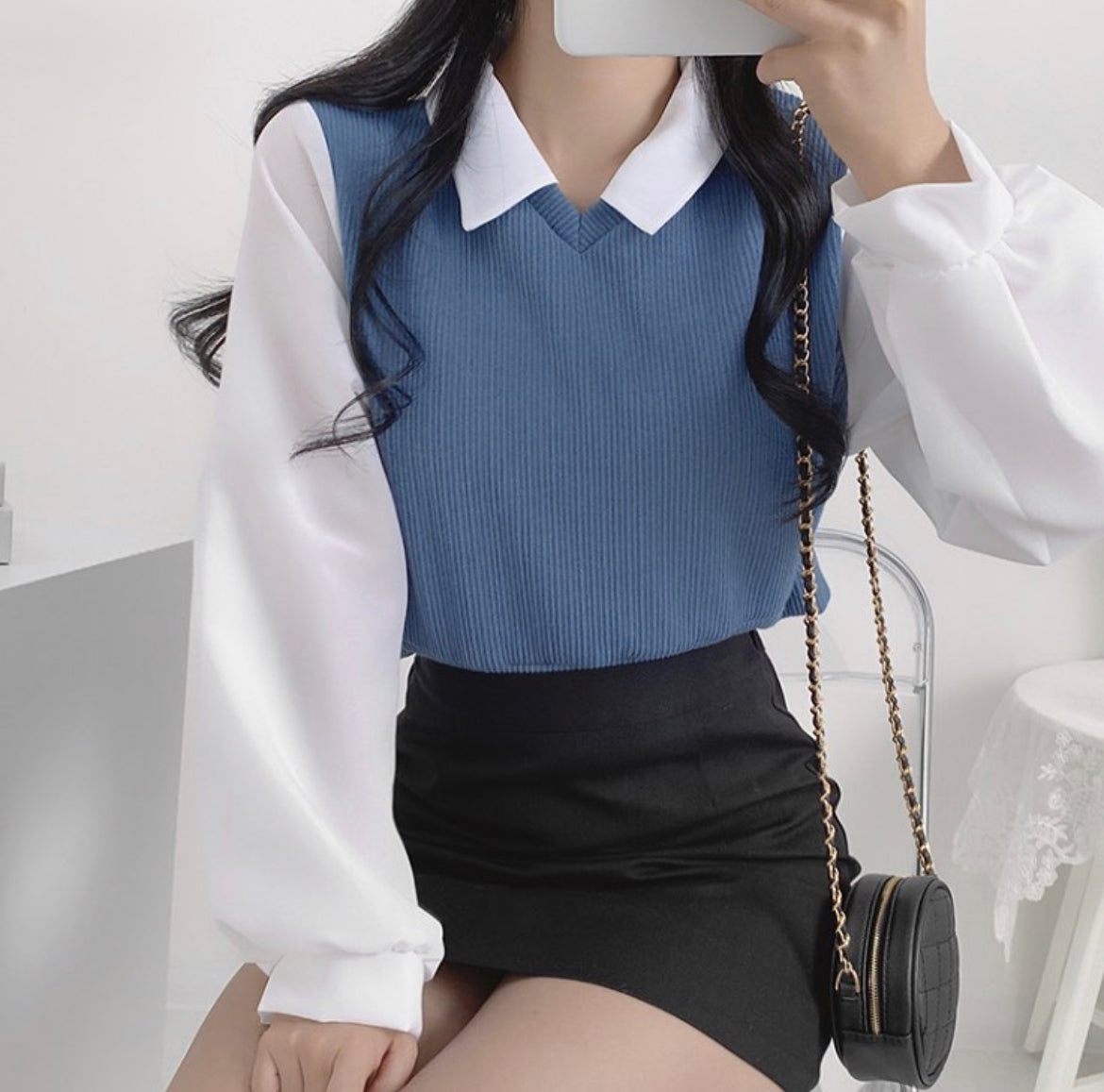 假兩件套馬甲襯衫