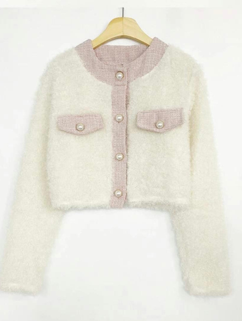 毛毛珍珠小香風拼色Cardigans