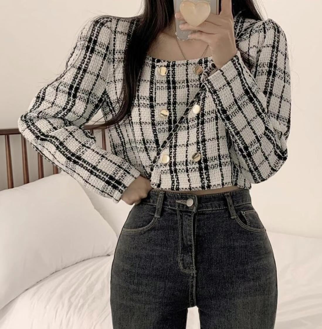 Tweed Checked Button Top