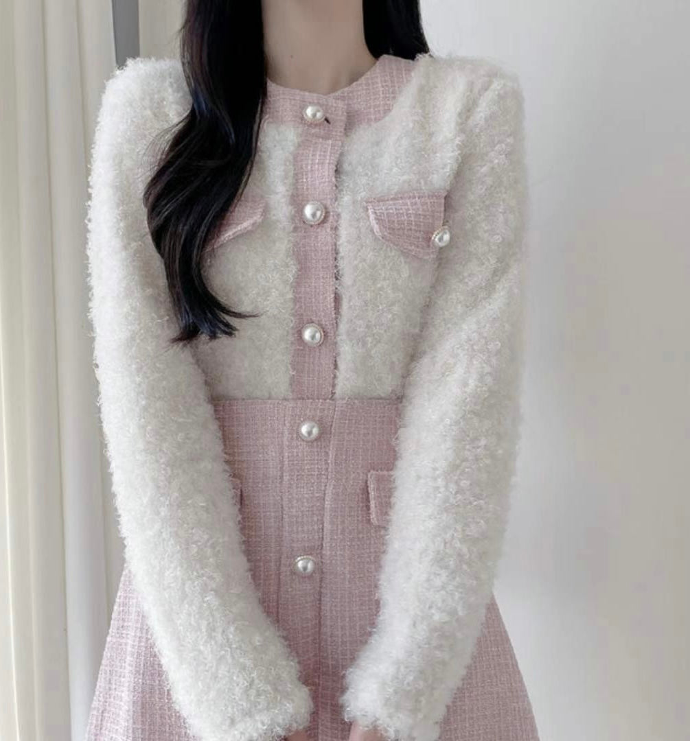 毛毛珍珠小香風拼色Cardigans
