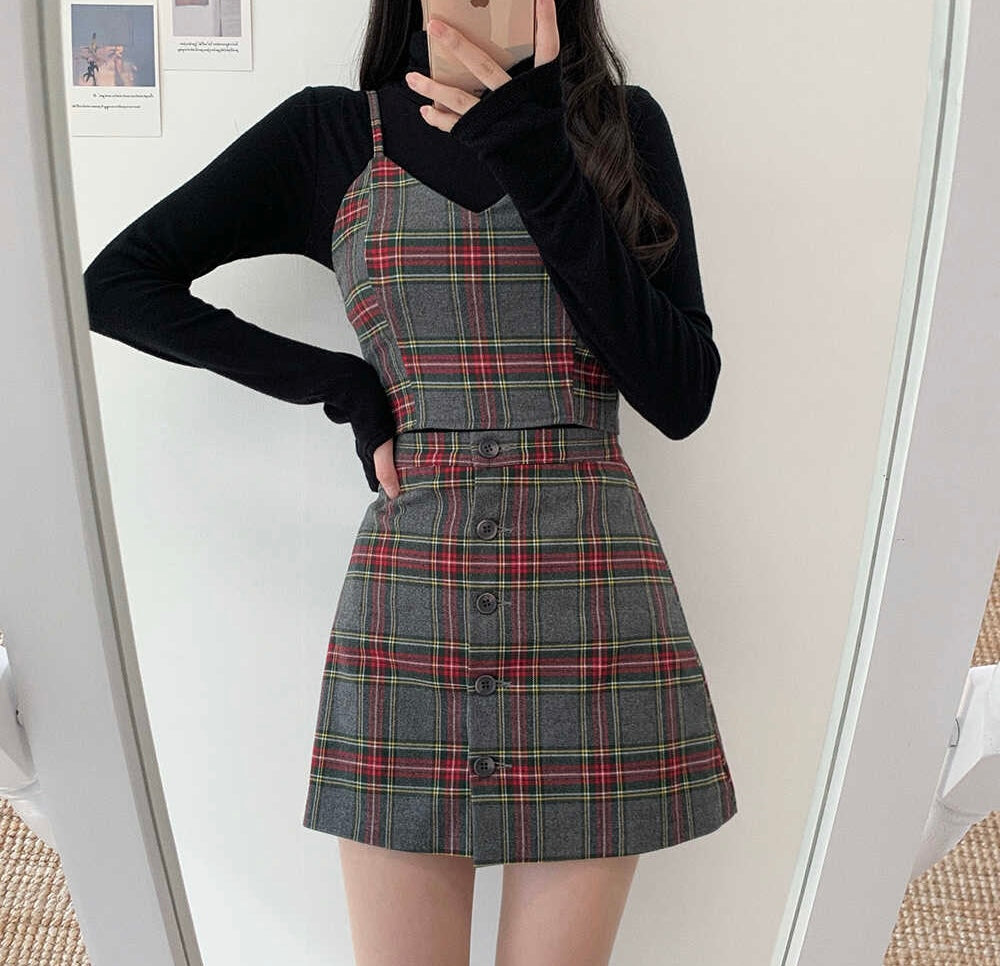 吊帶格紋Set