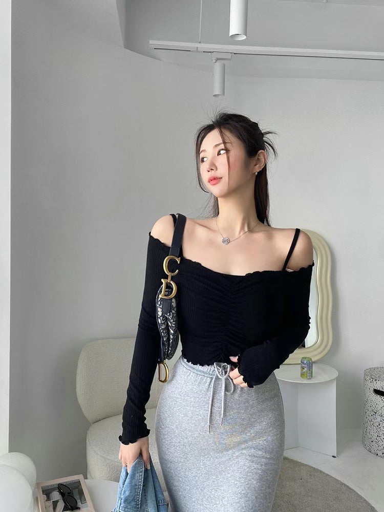木耳邊抓皺性感兩件套