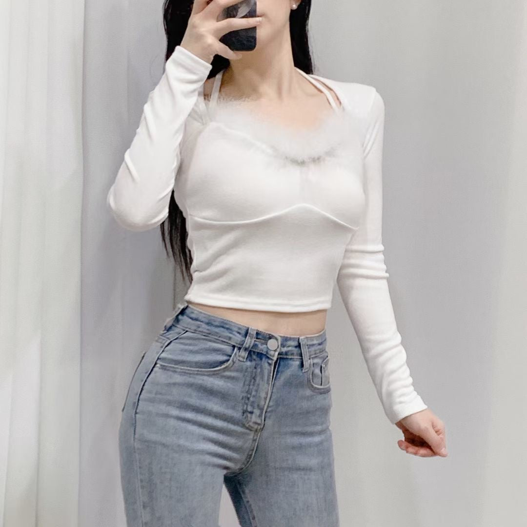 【極可愛點綴】心形領口毛毛貼身Crop Top