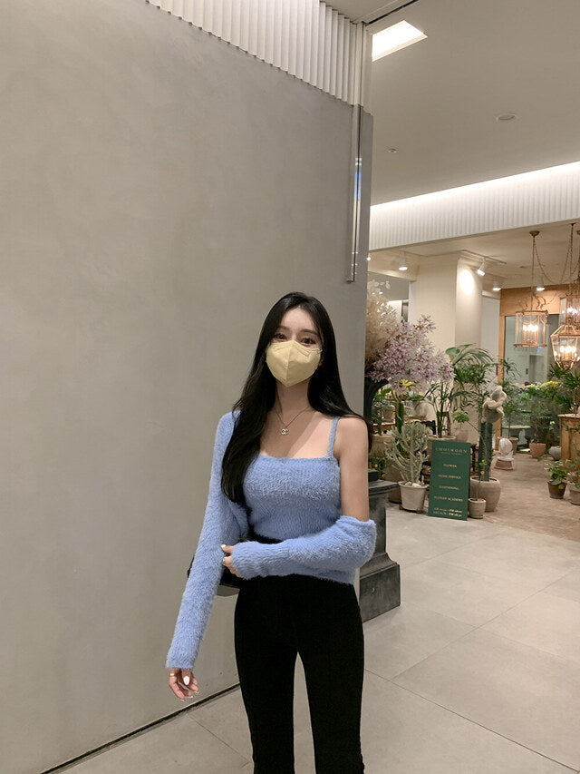 超軟熟毛毛吊帶背心外套Set