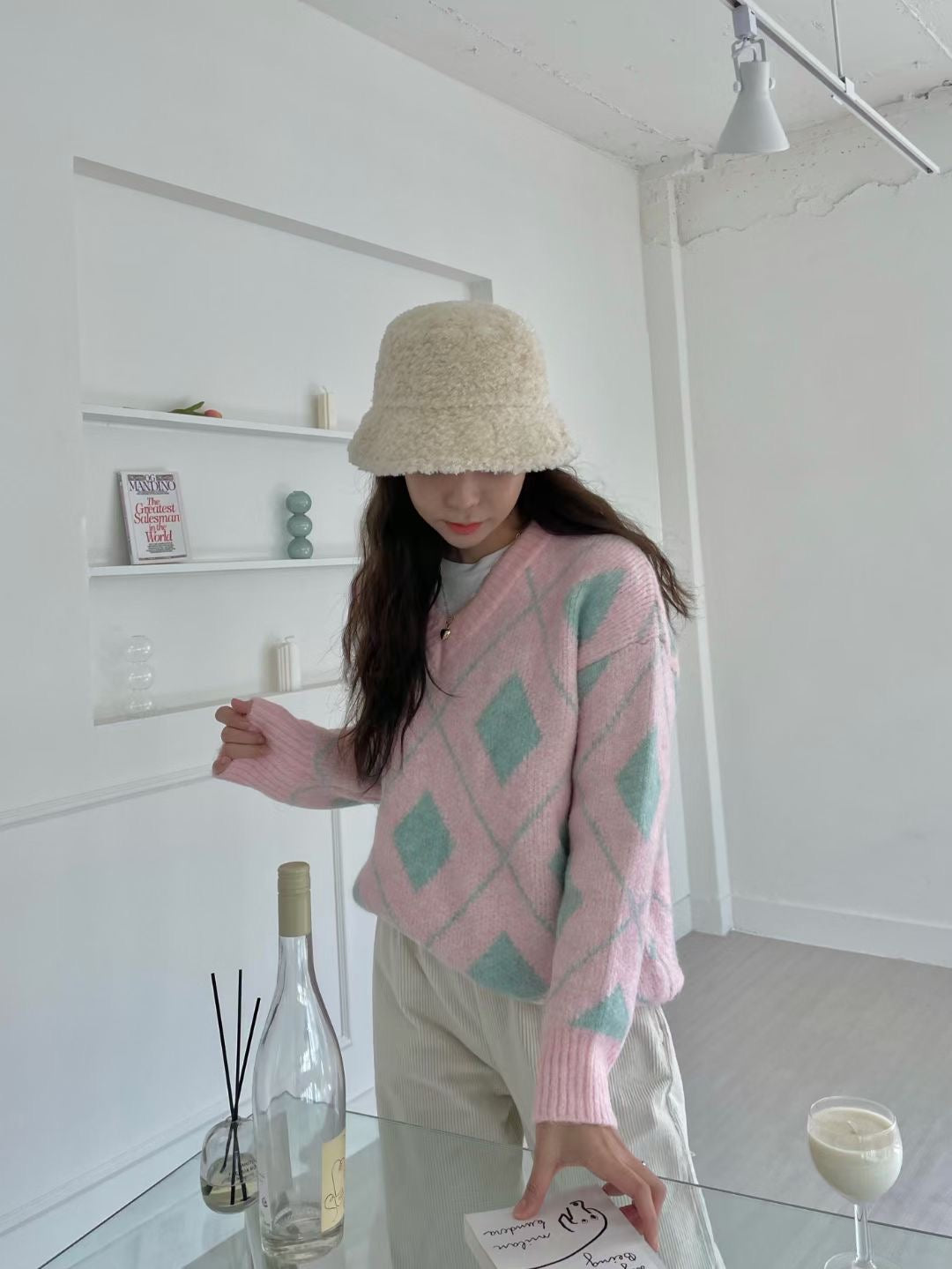 【配色超可愛】小雪貂菱格紋針織毛衣