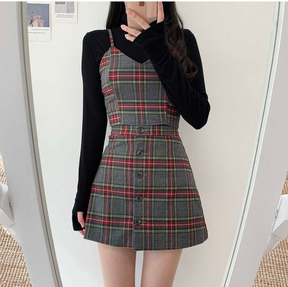 吊帶格紋Set