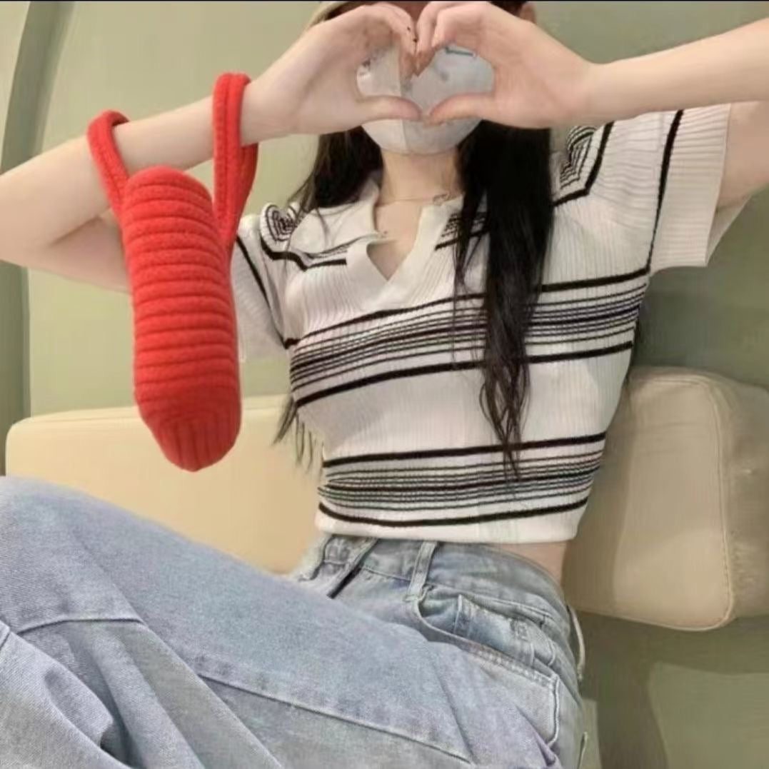Polo小V領條紋針織Crop Top