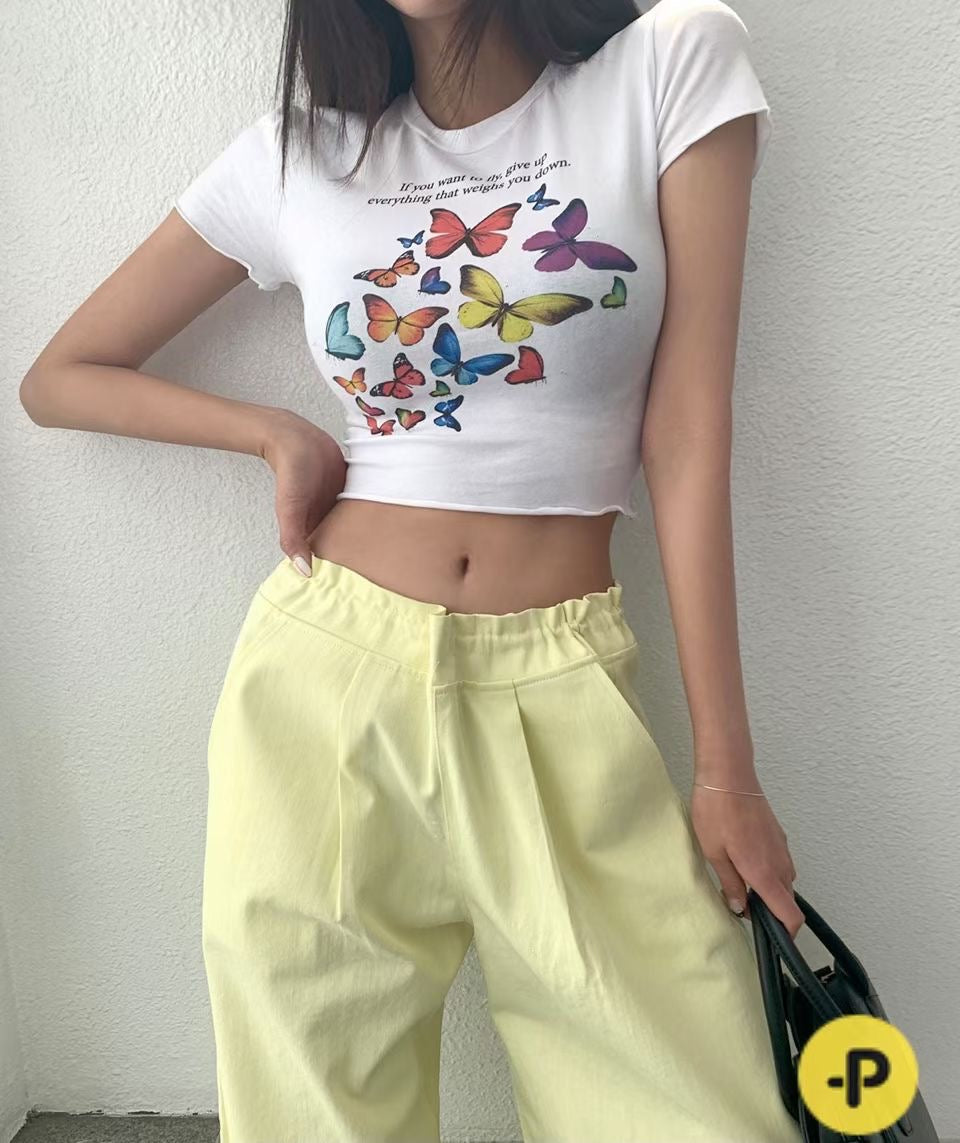Colour Print Butterfly Crop Tee
