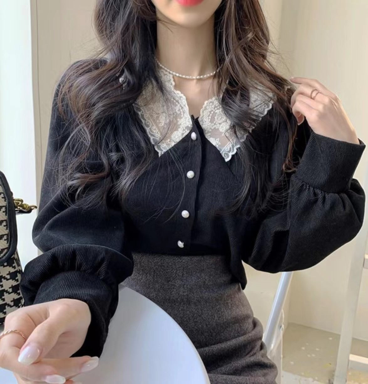 Vintage燈芯絨蕾絲Top