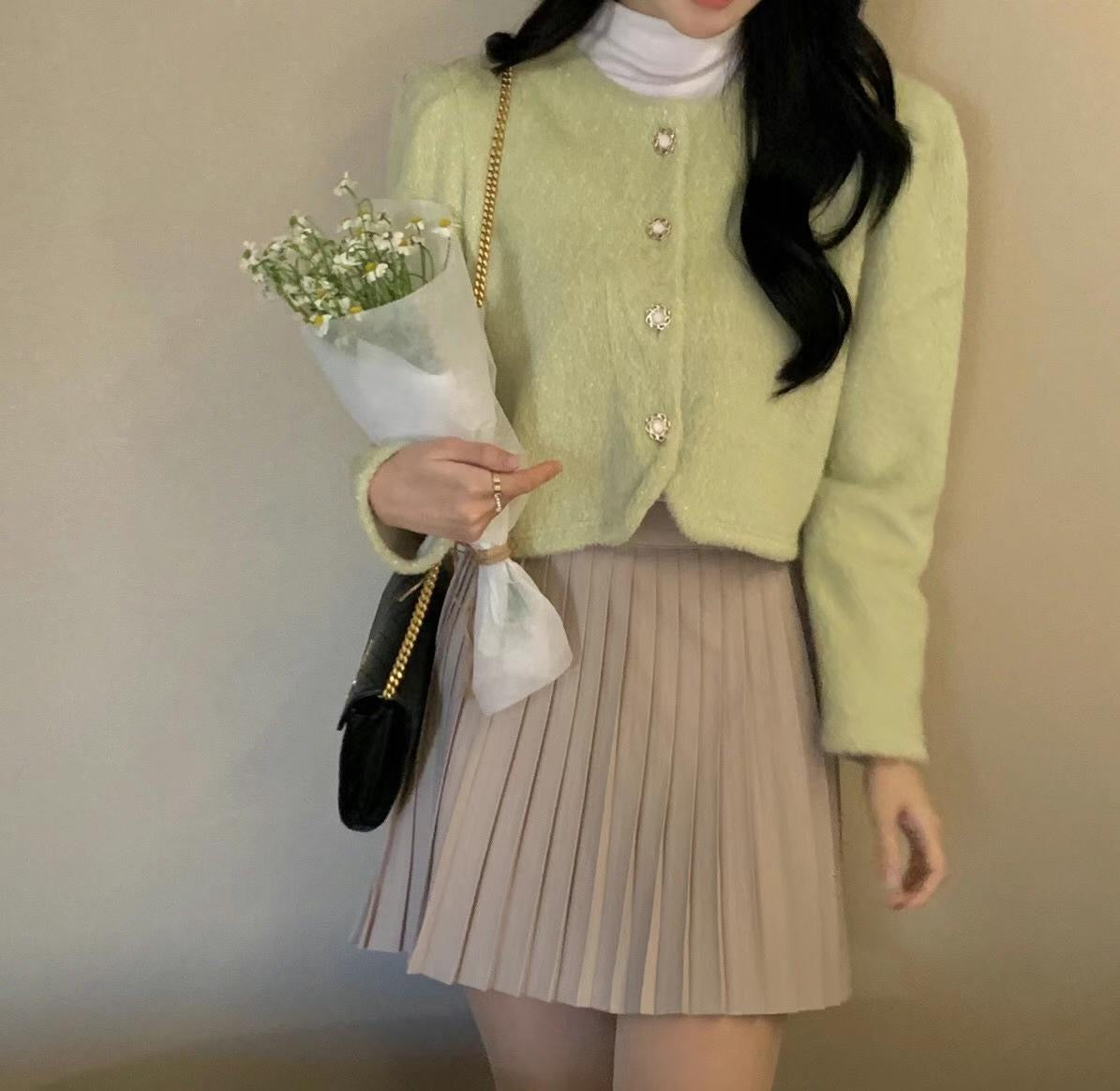 精緻花花鈕扣毛毛外套