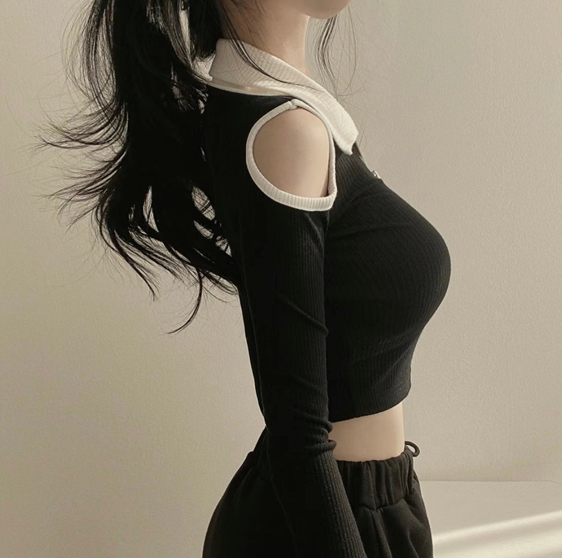 小性感露肩拉鍊貼身Crop Top