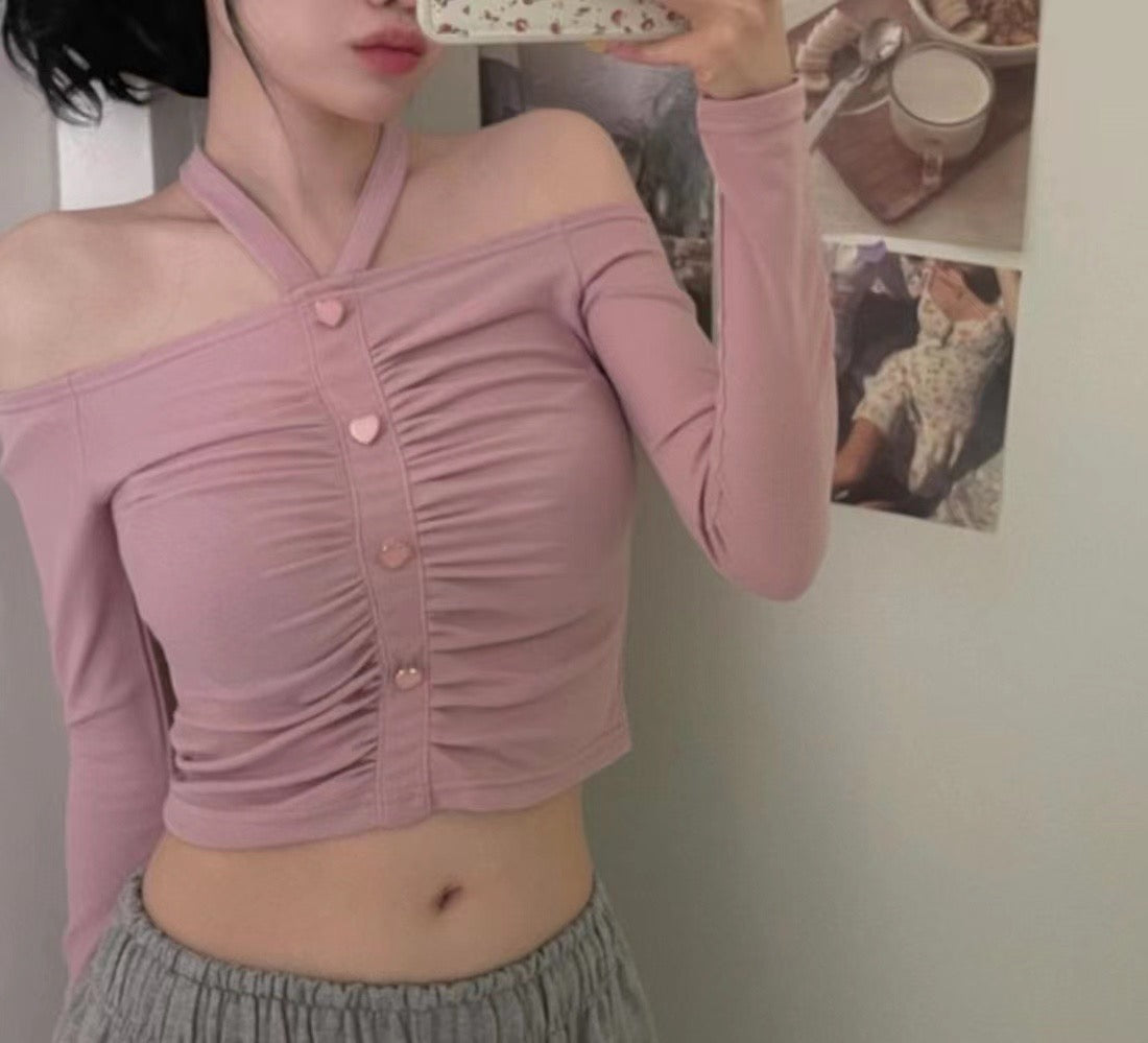 性感掛脖心形抓胸皺摺Top