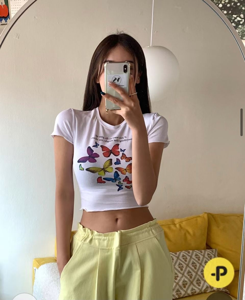 Colour Print Butterfly Crop Tee