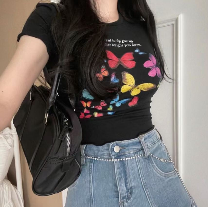 Colour Print Butterfly Crop Tee