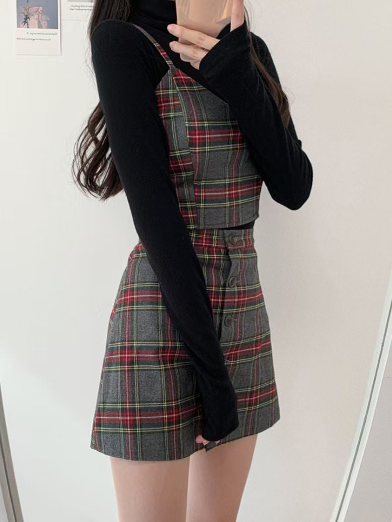 吊帶格紋Set