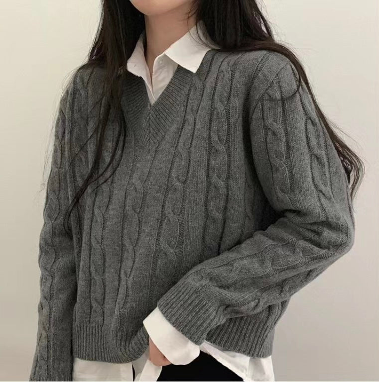 V領麻花針織毛衣