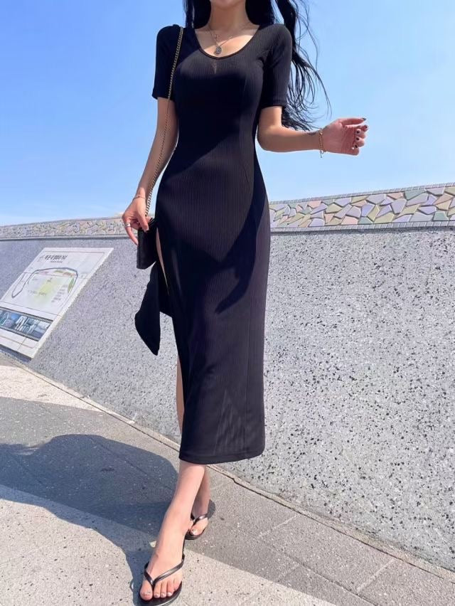 性感U領開衩長裙