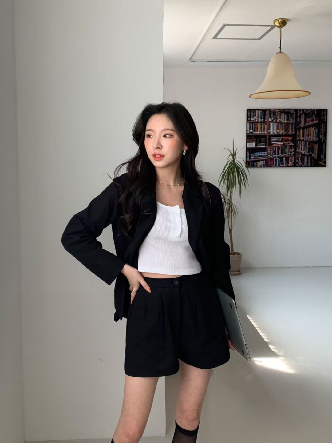 U領半鈕扣貼身Crop Top