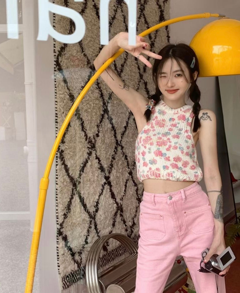少女幼齡感可愛花花針織背心