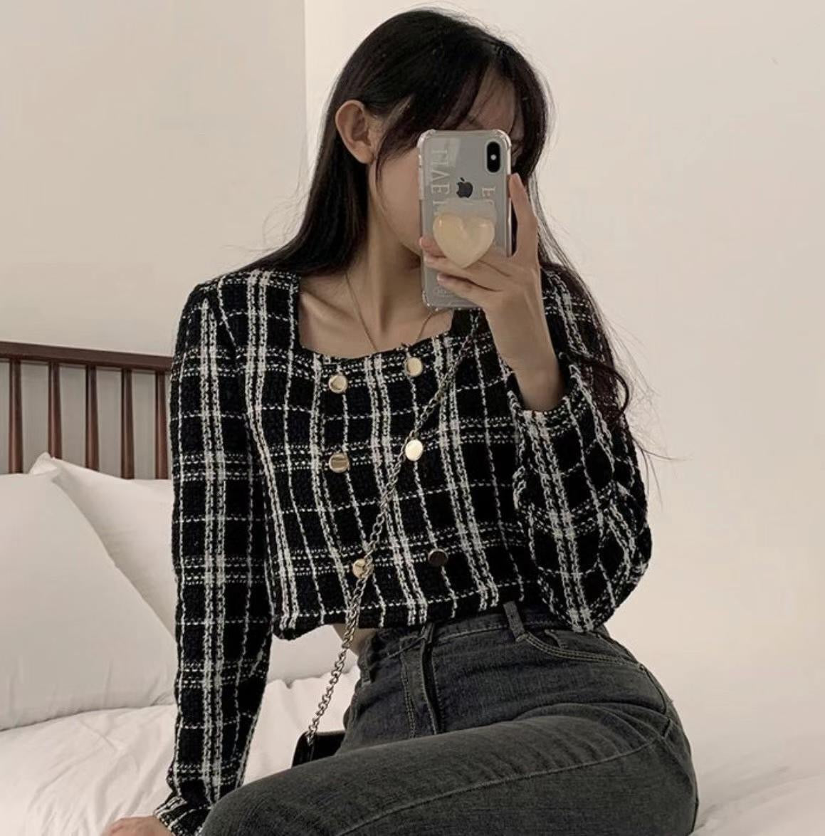Tweed Checked Button Top