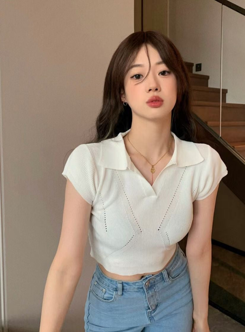 翻V領坑紋針織Crop Top