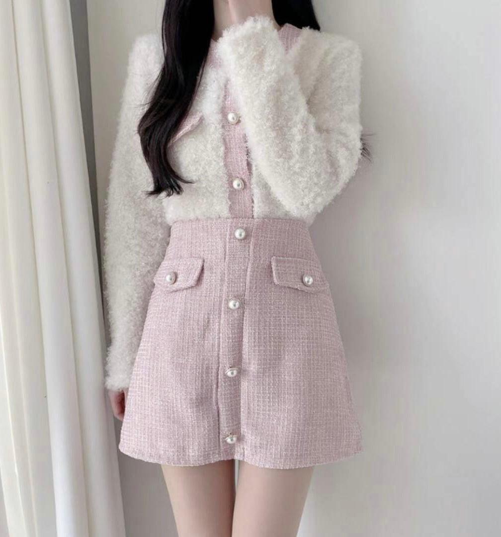 毛毛珍珠小香風拼色Cardigans