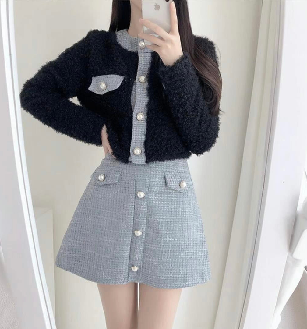 毛毛珍珠小香風拼色Cardigans