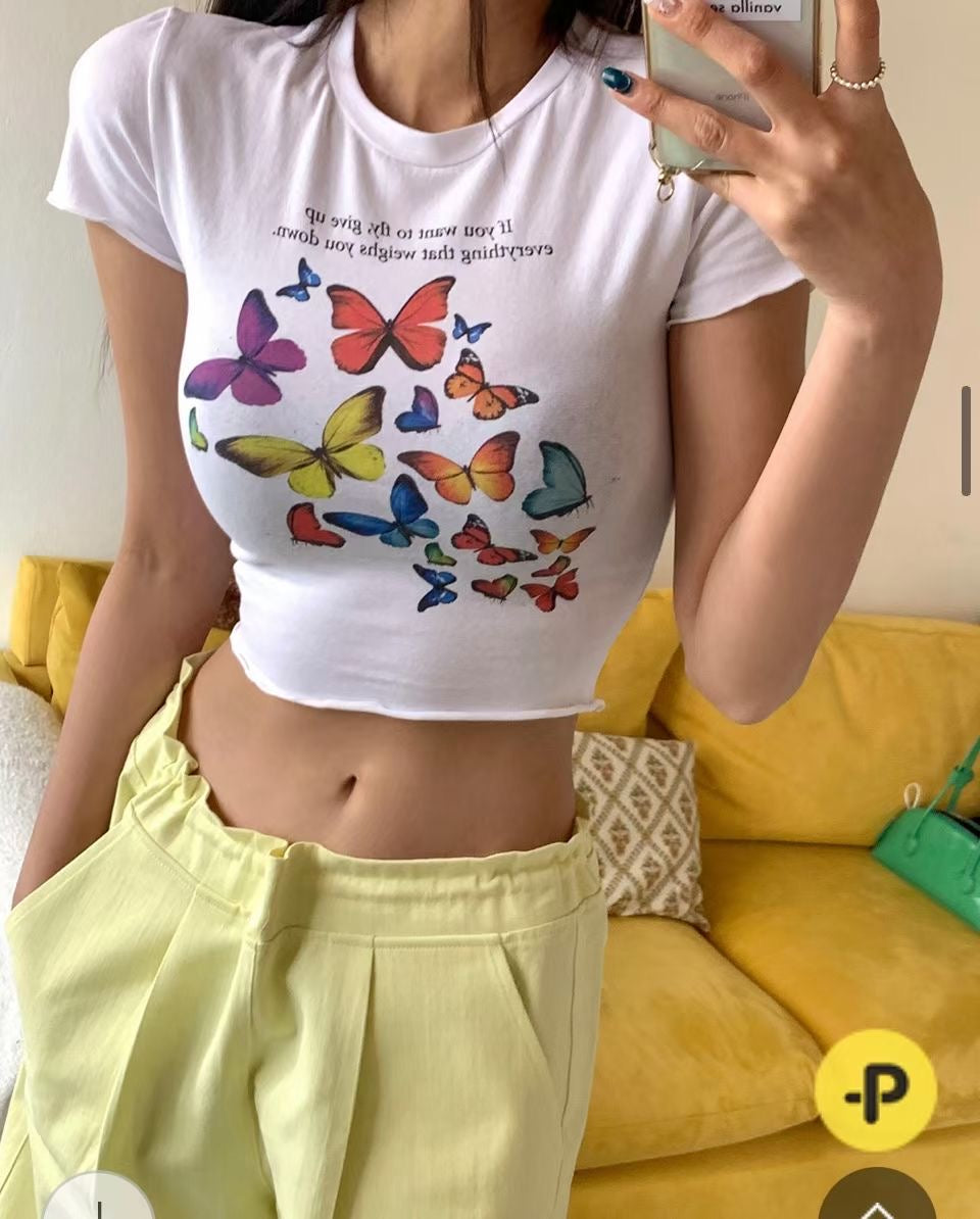 Colour Print Butterfly Crop Tee