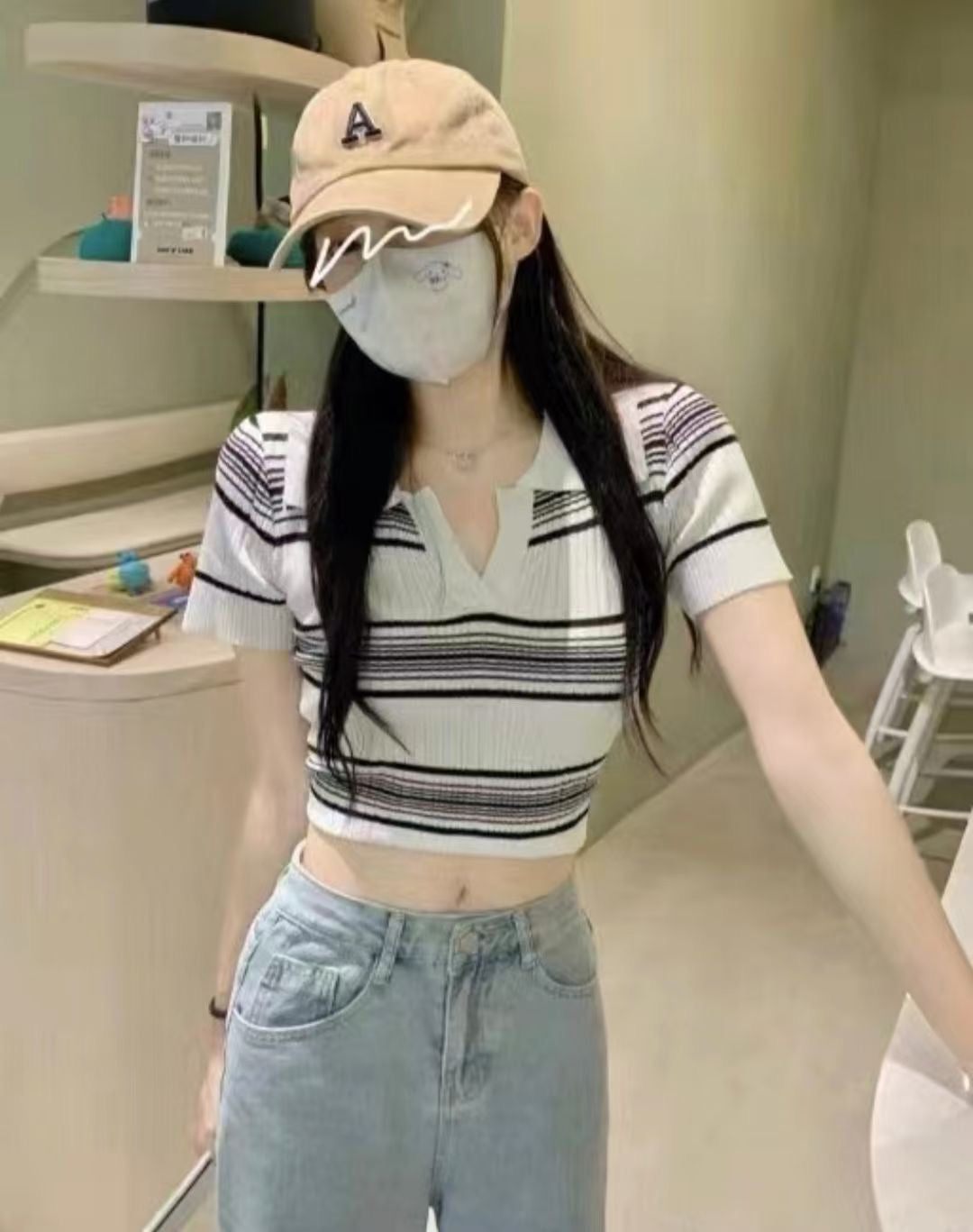 Polo小V領條紋針織Crop Top