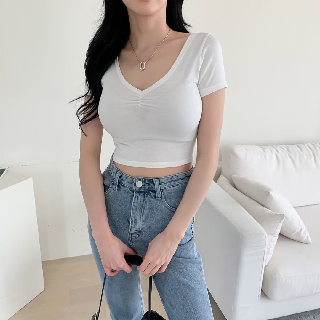 V領微抓胸皺摺Crop Top