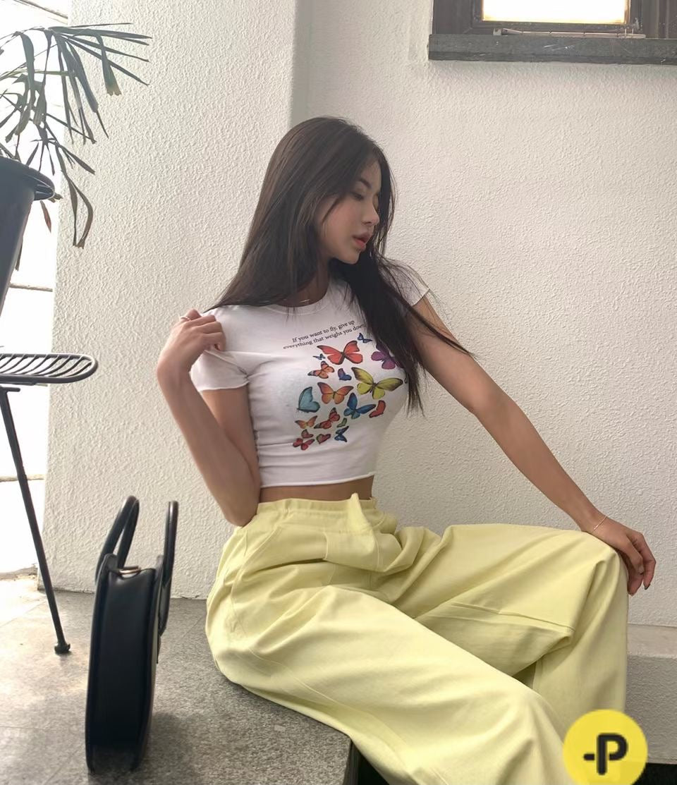 Colour Print Butterfly Crop Tee