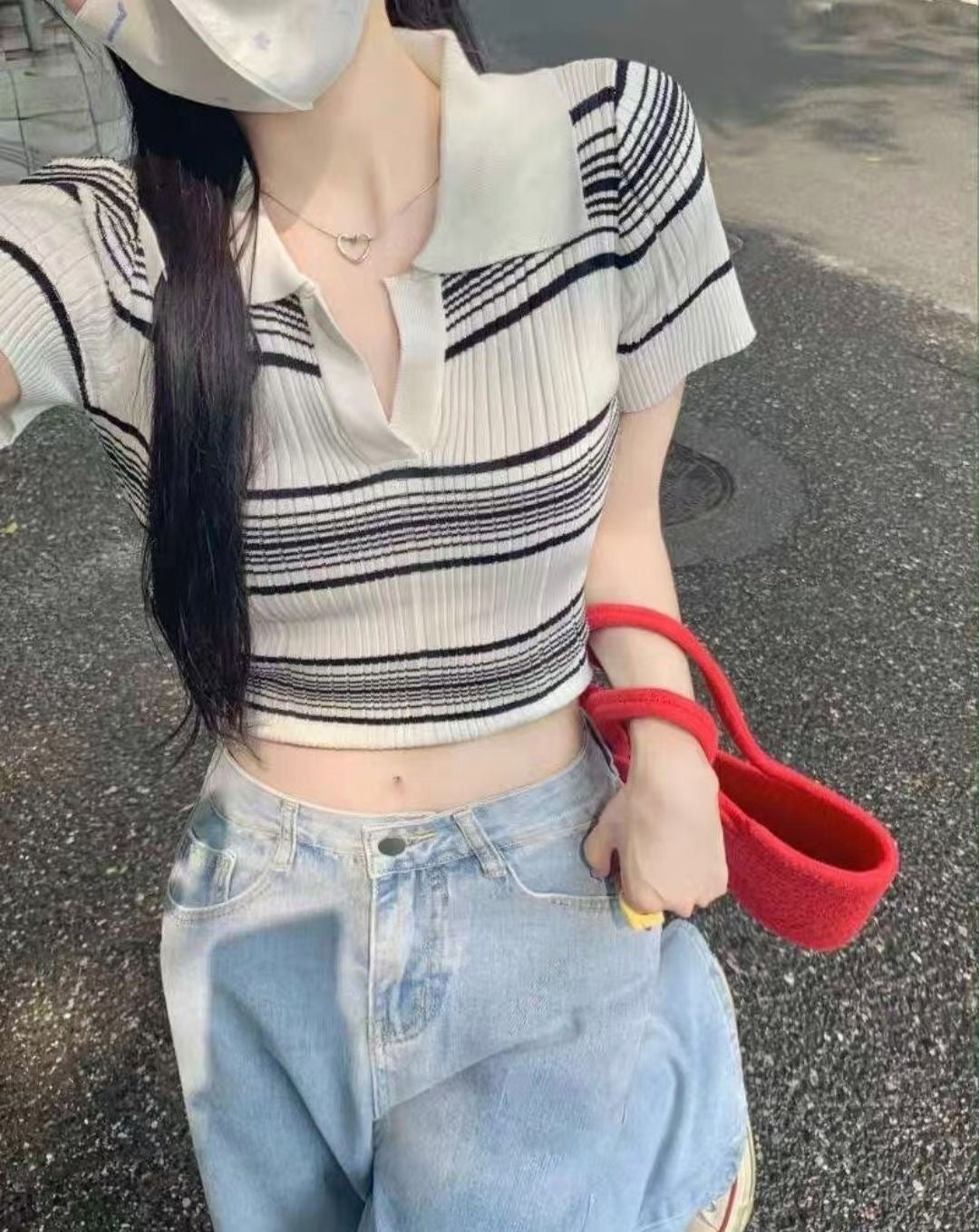 Polo小V領條紋針織Crop Top