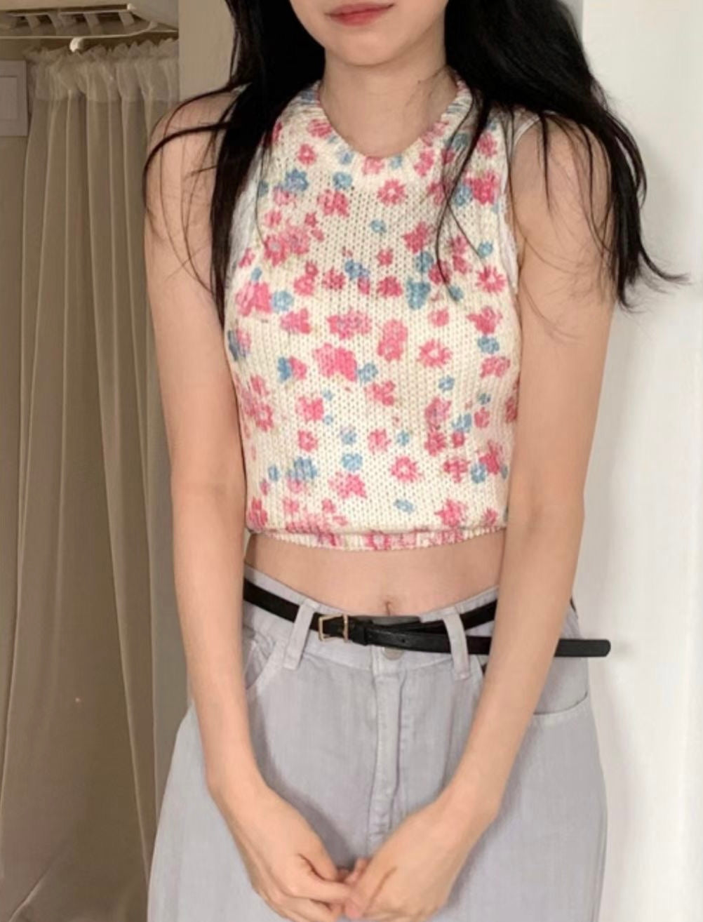 少女幼齡感可愛花花針織背心